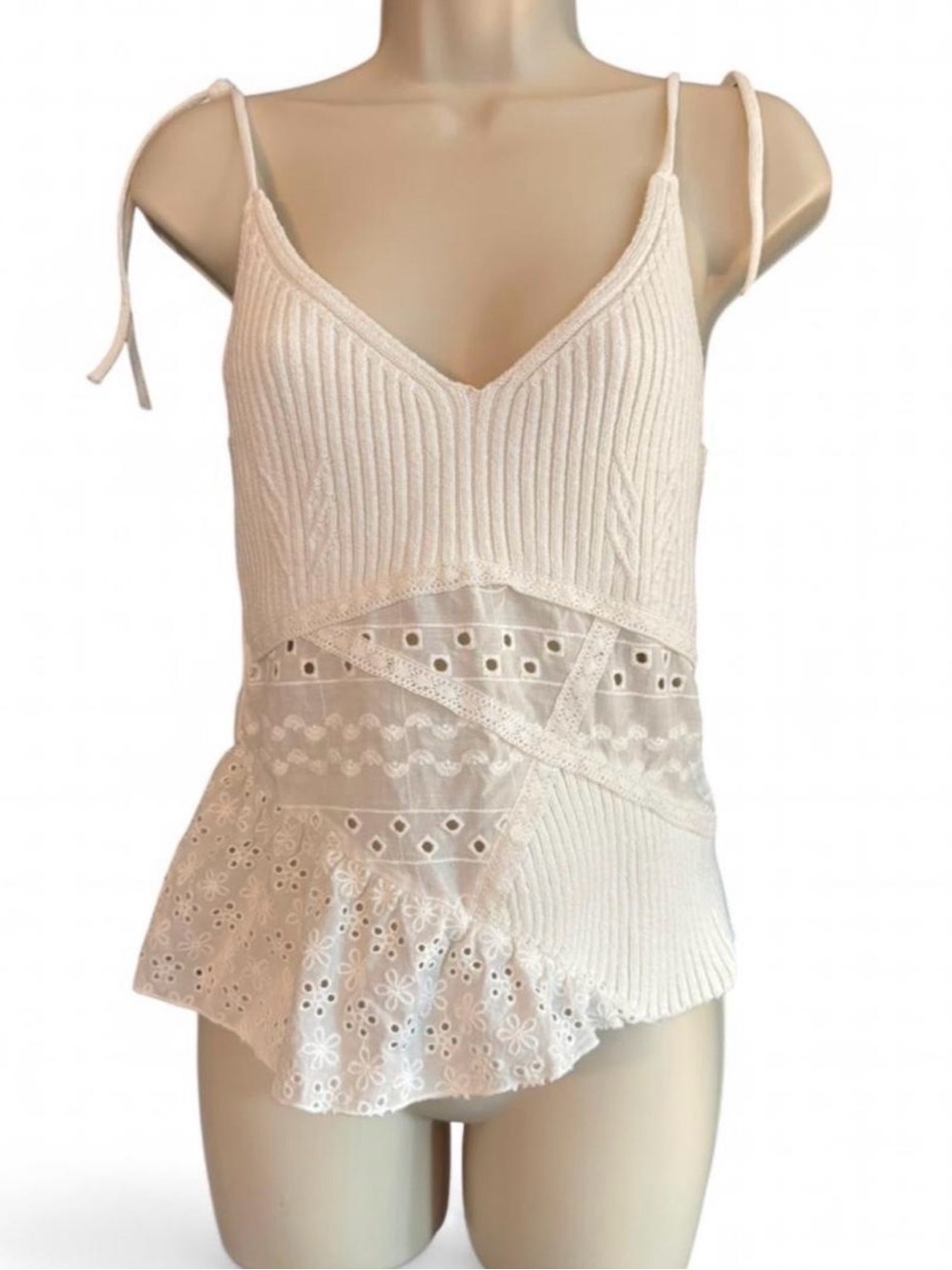 Zara White Knit Eyelet Lace Tie Strap Tank Top Boho Cottagecore Medium